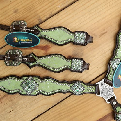 Western Leather Headstall & Breast Collar Set for Horses - Valentine’s Day Silver Metallic Cowhide with Rhinestones - color: Lime Green