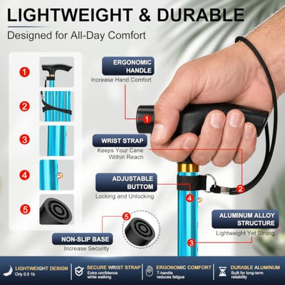 supregear Folding Cane, 5-Level Adjustable Height Walking Stick Lightweight Collapsible Portable Travel Cane with Wrist Strap and T Handle for Elderly Disabled Men Women - color: Blue