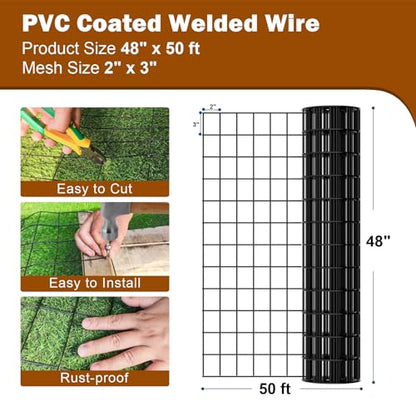 Vinyl Coated Welded Wire Fence 48" x50ft PVC Coated, 16 Gauge 2"x3" Mesh Garden Fence & Animal Barrier, Rust-Proof Agricultural Fencing for Yard, Pets, Chicken Protection Poultry Netting - size: 48" x 50 ft