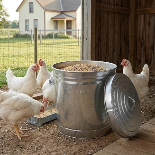 Plexon 6 Gallon Small Metal Trash Can with Lid Outdoor Locking Galvanized Metal Garbage Can with Lid for Poultry Feed Bird Seed Storage Ash Galvanized Bucket