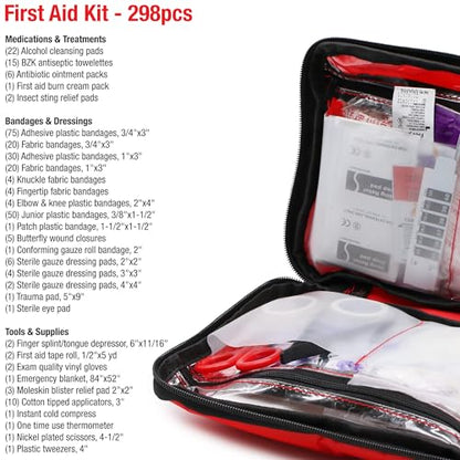 DMI 298-Piece Complete Emergency First Aid Kit, Treats Pain, Swelling, Cuts, Scrapes & Burns, Complete First Aid Guide Included, Clear Pocket Organization, Durable Zippered Travel Bag - size: 298 Piece