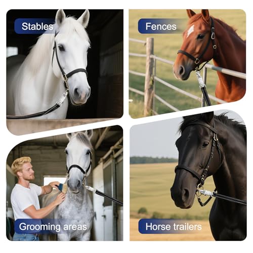 Heavy-Duty Cross Ties for Horses - Adjustable Nylon Horse Trailer Ties with Strong Panic Snap & Bull Snap (59"-102"), Set with 2 Pack Tie Rings & 8 Matching Screws (Black)