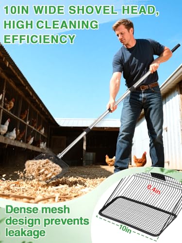 Extra Long Chicken Poop Scooper & Rake - Save-Effort 36''-76'' Long Metal 10'' Wide Scooper & 11 Tooth Rake, Chicken Coop Accessories for Efficient Cleaning