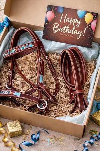 CHALLENGER Horse Western Black Leather Beaded Bitless Padded Sidepull Bridle w/Reins 77RS15 - color: Mahogany/Beaded