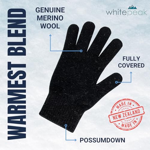 whitepeak Genuine Merino Wool and Possumdown Blended Gloves | UNISEX | Comfy, Light, and Quick-Drying - color: Black, size: Medium