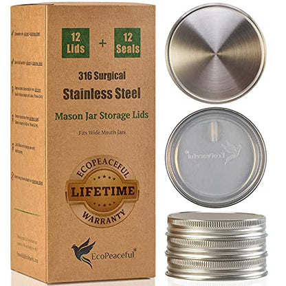 316 Surgical Stainless Steel Mason Jar Lids WIDE Mouth - Rust-proof, Airtight, Leak-proof, BPA-Free, PVC-free, Vegan, Reusable - Not for Canning - size: 12 Wide Mouth Lids- 3 3⁄8" outer Ǿ