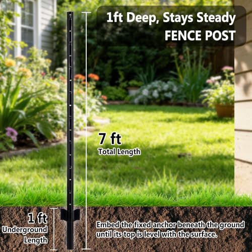 Metal Garden Fence Posts – Heavy Duty Spliced U-Post for Wire Fencing, 7 FT Black | 15 Pack No-Dig Fence Stakes, Double Rustproof Steel Fence Posts for Yard, Garden and Farm - size: 7FT-15PACK