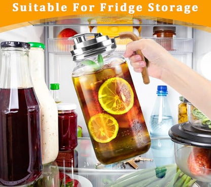 Glass Pitcher With Lid,304 Stainless Steel Lid,2 Seal Ring,64 oz(2 Quart/1.8 Liter),Mason Jar Cold Brew Water Iced Tea Brewing Breast Milk Pitcher,Sun Tea Glass Jar For Outside,Pitchers For Drinks - color: Brown