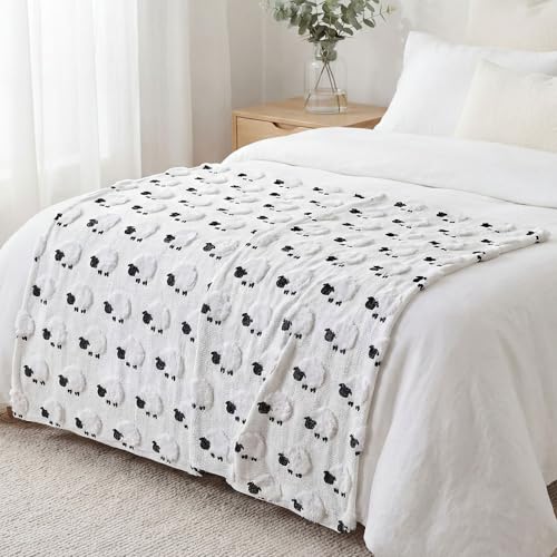 Tudomro 50x60'' Cute Sheep Throw Blanket, 3D Embroidered Black-Faced Sheep Spring Plush Faux Fur Blanket, Easter Farmhouse Cozy Throw for Sofa Couch Bed Home Decor - style: White Sheep