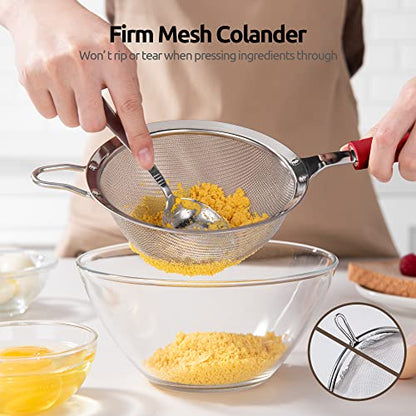 18/8 Stainless Steel Mesh Strainer: U-Taste 5.5 Inch Kitchen Fine Mesh Sieve Food Colander with Riveted Sturdy Silicone Handle and 30 Mesh Hole for Straining Flour, Pasta, Fruit, Quinoa (Red) - color: (4) Red, size: Medium (5.5 x 13 in)