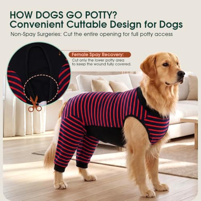 Kuoser Dog Recovery Suit with Anti Licking Rear Leg Sleeve, Red M - color: Red Strips, size: Medium (Back Length: 34cm / 13.38")