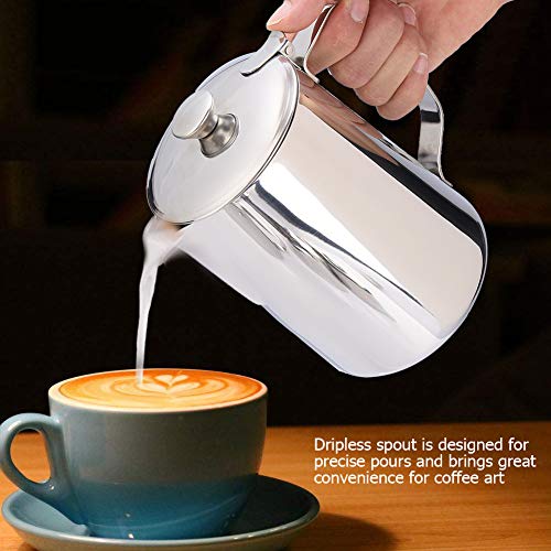 Stainless Steel Coffee Cup Mug Milk Frothing Pitcher Jug with Lid for Latte Coffee Art for Office Kitchen(1000mL) - size: 1000mL