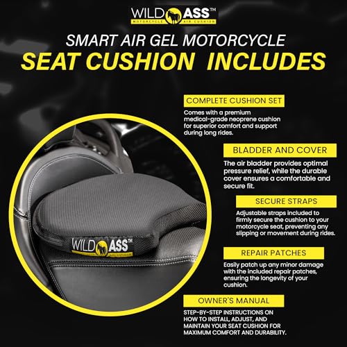 Wild Ass Smart Airgel - Motorcycle Seat Cushion, Ergonomic Universal Fitting Air Adjusting Pad with Straps - Ultimate Rider Comfort & Relief, Cool Flow Motorcycle Accessories for Long Rides - Black - style: Air Gel