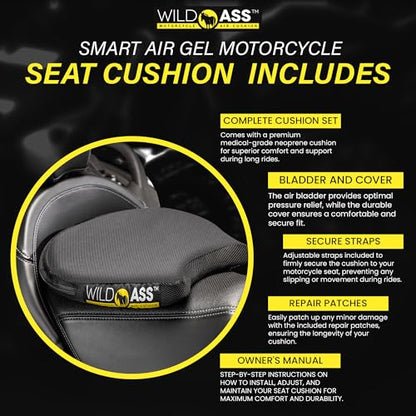 Wild Ass Smart Airgel - Motorcycle Seat Cushion, Ergonomic Universal Fitting Air Adjusting Pad with Straps - Ultimate Rider Comfort & Relief, Cool Flow Motorcycle Accessories for Long Rides - Black - style: Air Gel
