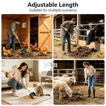 2-in-1 Chicken Poop Scooper & Rake, Telescopic Stainless Steel Handle, Multifunctional Chicken Coop Cleaner for Sand, Bedding and Manure Cleaning