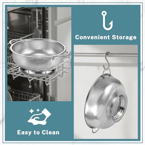 Pleafind 18/8 Stainless Steel Colander for Kitchen - 5 qt and 3 qt, Rapid-Flow Strainers and Colanders with Handle, Pasta Strainer with Sturdy Base for Stable Use, Rust-Resistant & Dishwasher Safe - size: 5Qt & 3Qt