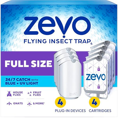 Zevo Flying Insect Trap for Fruit Flies & Gnats, 4 Plug-in Bases, 4 Refills - style: 4 Devices & 4 Cartridges