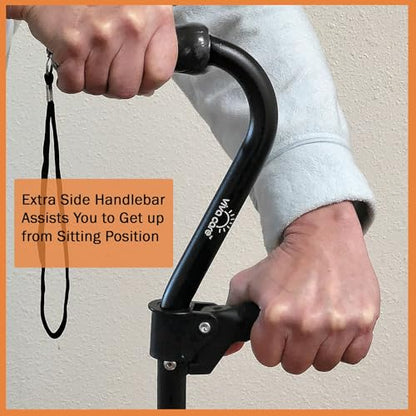 Walking Cane with 4 Prongs and Extra Side Handle – Adjustable, for Balance & Stability for Adults, Seniors, and Injured. - color: Black