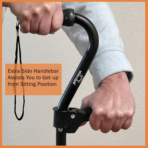 Walking Cane with 4 Prongs and Extra Side Handle – Adjustable, for Balance & Stability for Adults, Seniors, and Injured. - color: Black