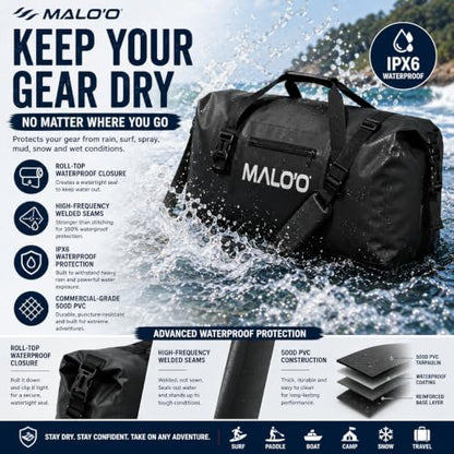 Malo’o Waterproof Dry Duffel, Heavy-Duty Roll Top Waterproof Gear Bag with Shoulder Strap & Molle Loops, Marine Duffel for Kayaking, Boating, Camping, Beach & Travel, Black, 60L - color: Black, size: 60L