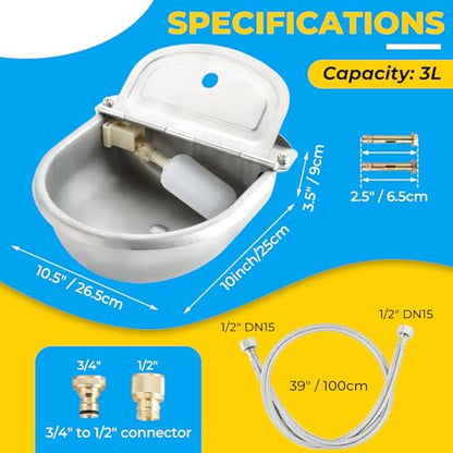 NATGAI Automatic Water Bowl with Float Valve, Auto Filling Water Dispenser | 304 Stainless Steel Dog Water Bowl Dispenser Kit for Outdoor Farm, Ranch, Goat, Horse, Poultry, Livestock