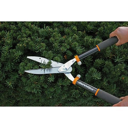 Fiskars 20" Power-Lever Garden Hedge Shears, Shrub Trimmer, 8” Blades | For Shaping and Trimming Hedges, Power Lever Technology Multiplies Cutting Force, Serrated Steel Blade, SoftGrip Handles - style: 20" Power-Lever
