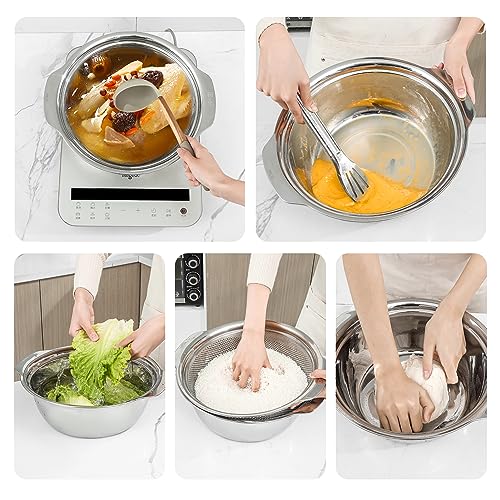Paoli 304 Stainless Steel Fine Mesh Colander Set, 2QT Large Capacity Strainer with Mixing Bowl — Rinse Fruits, Veggies, Rice & Drain Pasta, Dishwasher Safe (2-Piece Gold) - color: Gold with handle, size: 2qt