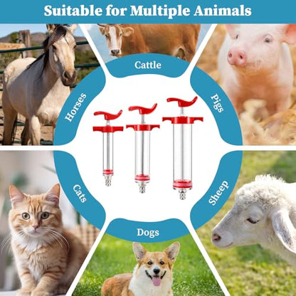 Huwena 3 Pcs Goat Syringe with 3 Drench Nozzle Reusable Adjustable Dosage Drench Gun Syringe for Bird, Cats, Dogs, Goats, Pigs, 20ml 50ml 100ml(Orange)