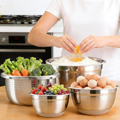 Stainless Steel Mixing Bowls Set with Lids & Silicone Base,7‑Piece Set - color: Khaki