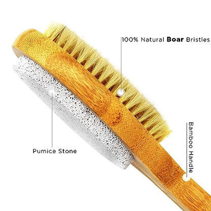 ICANdOIT 2 in 1 Long Handle Bath&Shower Brush,Bath Scrubber,Boar Bristle with Pumice Stone Exfoliate & Soften Skin,Dry Brushing Body Brush for Cellulite&Lymphatic Drainage