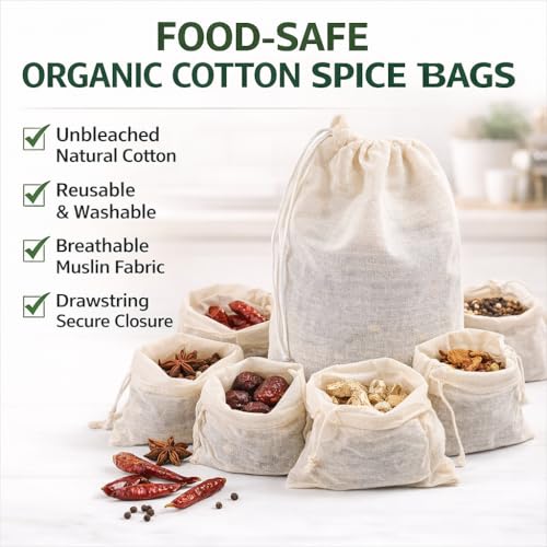 Organic Cotton Spice Bags with Drawstring – 30 Pcs Reusable 3x4 Tea Bags, Muslin bags for Cooking, Soup bag, Herbs & Loose Leaf Tea – Cheesecloth Straining Pouch - size: Spice Bag (30 Pack)