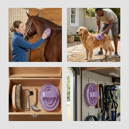 Rubber Curry Brush Purple Flexible Grooming Tool for Horses and Dogs, Comfortable Hand Strap, Helps Lift Loose Hair, Rinses Clean, Easy Grip - color: Purple