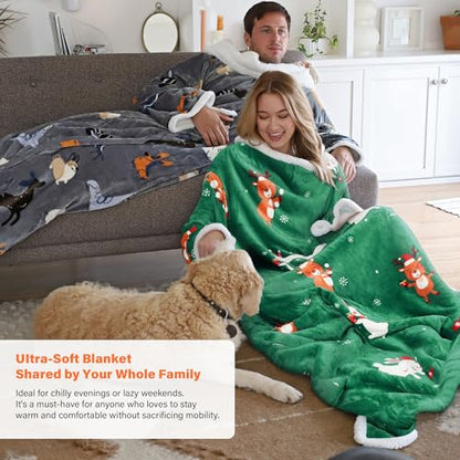 Catalonia Sherpa Wearable Blanket with Sleeves and Pocket for Adults - color: Ribbit Deer Green, size: Standard Pocket