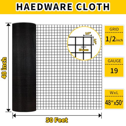Hardware Cloth, 1/2 inch 48" x 50' Galvanized Chicken Wire Fence, 19 Gauge Vinyl Coated Wire Mesh Roll, Black Welded Wire Fencing Roll Gopher Wire Mesh Roll for Garden Fencing Rabbit Snake Wire - color: 48" x 50' Black