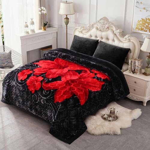 JML Korean Style Fleece Blanket King Size, 87" x94", 10.5 Pounds, Thick Raschel Floral Blanket for Winter, 2 Ply, A&B Printed, Silky Soft Plush,Warm (Black Flowers) | 2 Ply, A&B Printed, Embossed, Reversible, Plush, Silky Soft, Thick, Warm for Winter, Bla