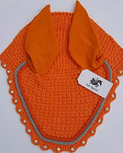 Horse Fly Bonnet with Ears Net Mask Veil with Crystals Blings Hand Made Breathable Cotton Crochet Shows Protect from Bugs and Flies (Full, Black)
