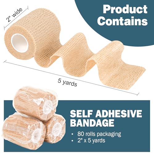 AZEN 80 Pack Self Adhesive Bandage Wrap, 2" X 5 Yards Elastic Cohesive Bandage Wrap, Skin Color Athletic Tape, Vet Wrap, Ankle Tape, Tattoo Grip Tape Wrap - color: Beige, size: 2IN - 80Pack