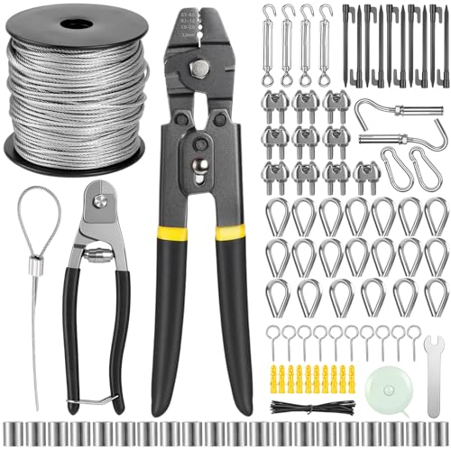 Lothee 143 Pcs 1/16" Wire Rope Kit 200ft Steel Wire Cable with Crimping Tool and Cable Cutter for Outdoor Garden Kitchen Craft Fence DIY Project Clothes Line
