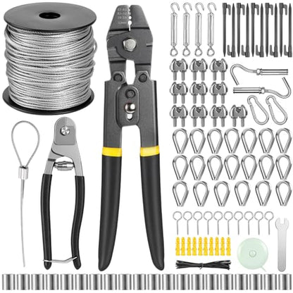 Lothee 143 Pcs 1/16" Wire Rope Kit 200ft Steel Wire Cable with Crimping Tool and Cable Cutter for Outdoor Garden Kitchen Craft Fence DIY Project Clothes Line
