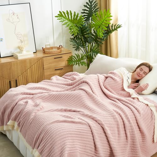 Snuggle Sac Luxury King Size Blanket for Bed, Cozy Soft Fuzzy Microfiber Knit Stripe Bedding Blankets, Pink, 108x90 inches - color: Pink, size: King(108"x 90")