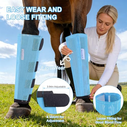 Fly Boots for Horses Set of 4, Loose Fitting Mesh Horse Fly Boots Leggings, Reduce-Stomping Adjustable Equine Leg Wraps & Socks, Stay Up Not Sag, No Rub (Sky Blue) - color: Sky Blue