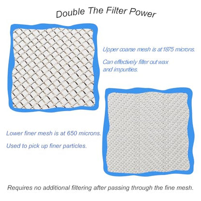 Honey Strainer,Double Sieve 304 Stainless Steel,for 5 Gallon Bucket | Double-sieve stainless steel strainer with adjustable arms, designed for filtering honey into buckets, pails, and honey tanks