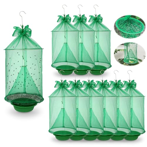 10 Pack Reusable Outdoor Fly Trap Hanging Fly Catcher with Brush | Fly Cage Ranch Fly Traps with Bait Tray, Fly Control Killer Repellent Hunter Catcher for Barn Orchard Farm Horse Patio - size: 10 pack