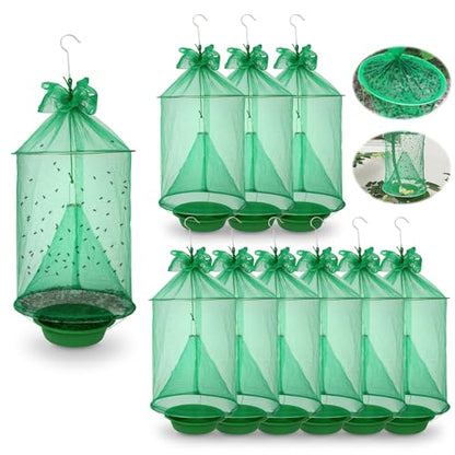 10 Pack Reusable Outdoor Fly Trap Hanging Fly Catcher with Brush | Fly Cage Ranch Fly Traps with Bait Tray, Fly Control Killer Repellent Hunter Catcher for Barn Orchard Farm Horse Patio - size: 10 pack