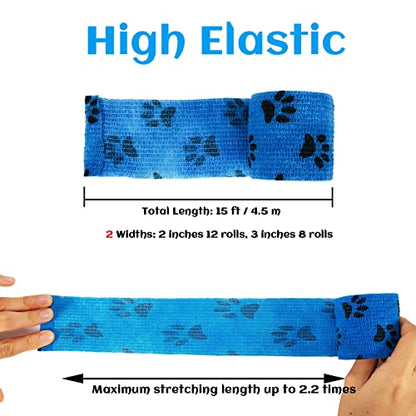 20 Rolls Dog Bandages for Wounds, Self Stick Vet Wrap for Dogs Horse, Vet Tape Elastic Self Adhesive Bandage Wrap(2 Inch 3 Inch) - color: 2 Inch/3 Inch-20 Count Mixed