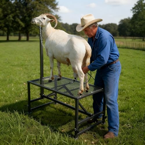 Goat Milking Stand for Hoof Trimming - Durable 47 x 23 Inch Metal Livestock Stanchion, Comfortable Head Lock and Nose Cup, Height Adjustable 21" to 33" for Homesteads, Small Farms, Sheep, Calves