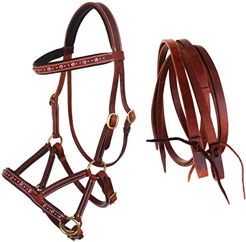 Horse Western Leather Beaded Bitless Sidepull Bridle Reins Rhinestone - color: Tan/Pink