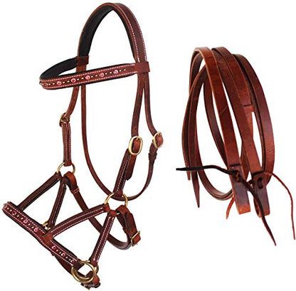 Horse Western Leather Beaded Bitless Sidepull Bridle Reins Rhinestone - color: Tan/Pink