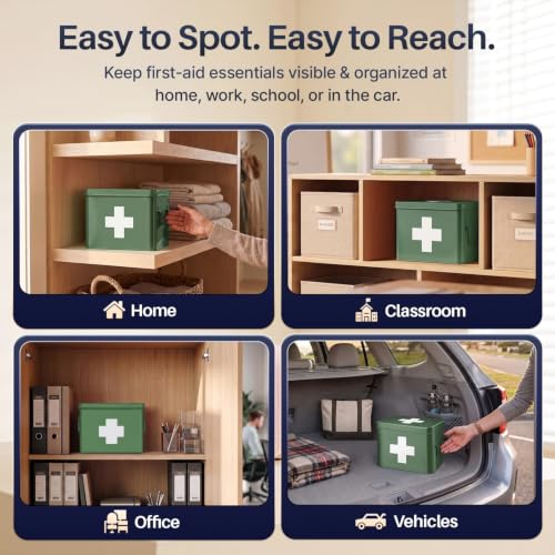 Flexzion Large Metal First Aid Box Empty, 8.5-Inch, Green with White Cross - color: Green, size: 8.5 Inch without Latch Lock