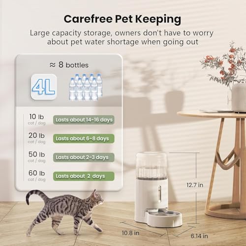 CZPET Automatic 4L/135Oz/1Gal Cat Water Dispenser with Stainless Steel Bowl, Gravity Waterer for Small Medium Dog Puppy Kitten (White) - color: White, size: 4L